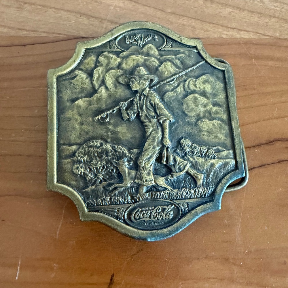 Vintage 1974 Coca-Cola Bergamot Brass Works Belt Buckle Fishing Boy Dog P-169